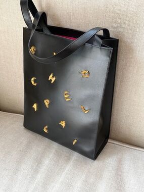 Schiaparelli Gold Plated Bijoux Embellished Black North South Leather Tote bag
